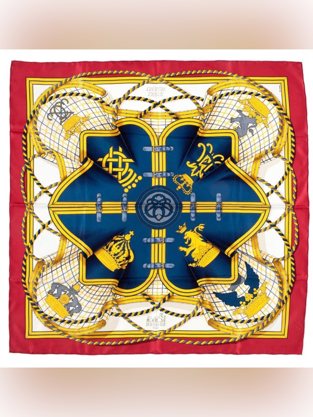 Hermes “Grande Tenue” silk twill scarf by Henri d’Origny Royal Blue & Red France